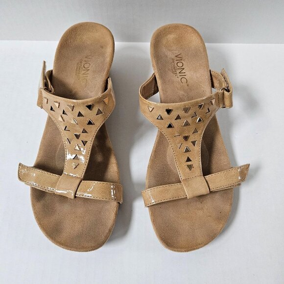 Vionic Womens 9 Maggie Tan Studded Wedge Patent Leather Sandals - Picture 2 of 7